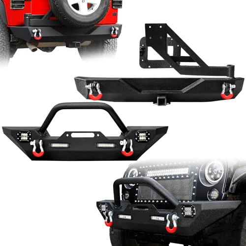 LEDKINGDOMUS Front& Rear Bumper with Tire Carrier Compatible with 07-18 Wrangler JK & Unlimited Rock Crawler Front Bumper with 4X LED Lights w/Winch Plate and D-rings, Easy Installation Blac