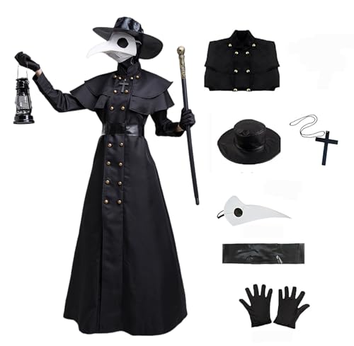 Velcoxplay 6 Stück Pestdoktor Kostüm Set Mittelalter Steampunk Pestarzt Halloween Kostüm mit Pestdoktor Accessoire Set Schwarz M