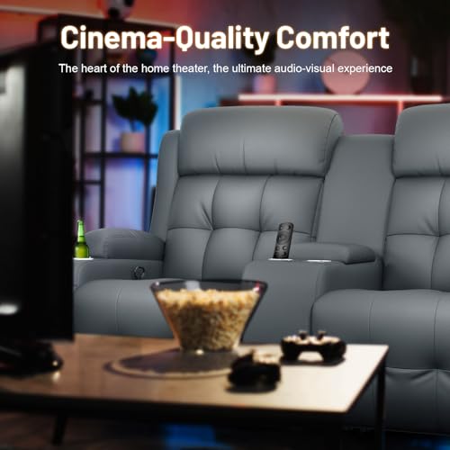 Image of Loveseat Recliner Sofa, Home Theater Seating with Massage, 3 Seat Reclining Loveseats with Console, Wall Hugger RV Couch Movie Theater Chairs, RV Furniture Sofas with USB, Cup Holders for Gaming Room