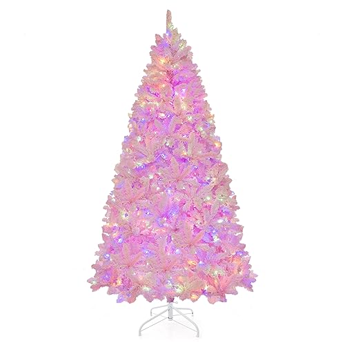 Goplus 7FT Pink Pre-lit Christmas Tree, Hinged Snow Flocked Artificial Xmas Tree with 1200 Branch Tips, 8 Lighting Modes & 500 Multi-Color LED Lights, Seasonal Holiday Decoration for Office Home