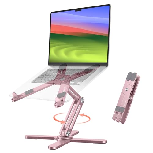Image of OMOTON 360 Rotating Laptop Stand Riser for Desk, Ergonomic Foldable Computer Stand Adjustable Height Angles for Collaborative Work, Easy Storage Fit Macbooks,All Laptops up to 16 inches, Pink