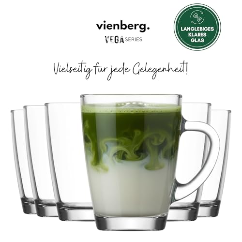 vienberg Vega Teegläser mit Henkel 18er Kombo Set 250/300/400 ml – Robuste Kaffeegläser & Glühweingläser – Spülmaschinenfest & Hitzebeständig - Glastassen für Tee, Kakao & Cappuccino