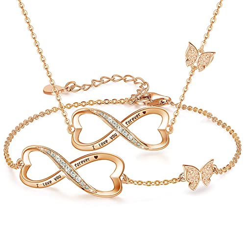 MINCHEDA Parure de Bracelet de Collier Pendentif Infini, Ensembles de Bijoux en Argent 925, Orné Zircon, Or Rose Bijoux Cadeaux de Saint-Valentin Femme, Anniversaire Cover