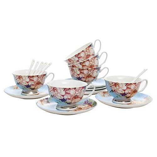 ufengke 7oz Flora Coffee Cup Set,Porcelain Cappuccino Cups with Saucers and Spoon,Set of 6 Ceramic Tea Cup and Saucer Set-Light Blue
