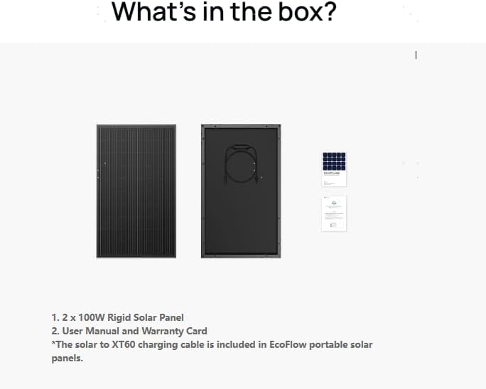 Contents of the box including two solar panels, a user manual, and a warranty card.