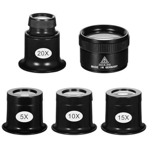 5 Stück Augenlupe Uhrmacher Lupe Juwelierlupe Magnifying Glass Vergrößerungsglas Lupenglas 5x/10x/15x/20x/30x Monokel uhrmacherlupe für Juwelier Uhr Hobby Münzen Elektriker Nähen (Schwarz)