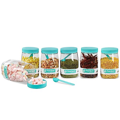 PEARLPET Transparent Space Saver Container Set For Kitchen Storage With Plastic Lid And Spoons |Airtight|Leak proof|BPA-Free| Set Of 6 Pieces With 6 Spoons,1000 Ml Green Cap & Spoons