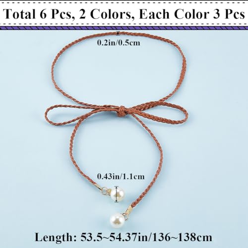 CRASPIRE 6Pcs Skinny Waist Belt for Women 54.37 Inch Black White Brown Adjustable Tie PU Leather Pearl Girdle Braided Chain Belts Thin Woven Chains Belt Rope Boho Fringe Belt for Skirt Dress2