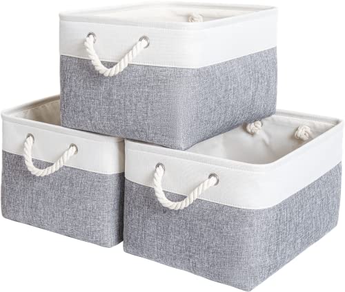 Mangata Cajas Almacenaje, Cestas almacenaje de Lona Engrosada Plegable con Asas de Cuerda para Ropa, Juguetes (42x32x25cm, Gris/Blanc) Cover
