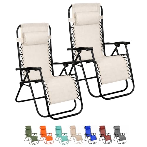 VIRSUS 2 Sedie Gravity ''gravità zero'', poltrona relax pieghevole in Textilene con tubi in acciaio reclinabile sedia a sdraio per piscina, lettino da spiaggia, poltrona da giardino (Avorio)