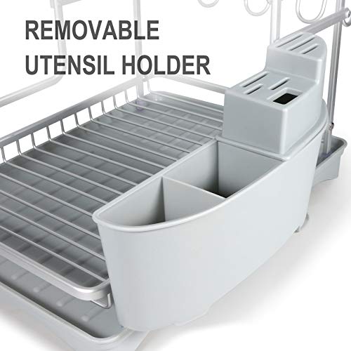 TBMax Dish Drying Rack with Drainer Tray/Utensil Holder/Cup Hanger, 2-Tier Never Rust Aluminum Sink Dish Drainer Drying Rack with for Kitchen Countertop -Silver - Thumbnail 7