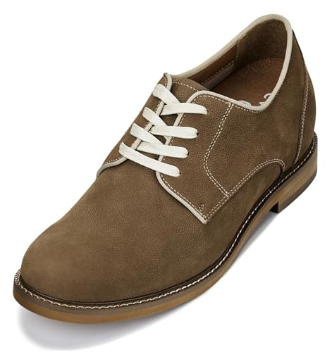 CALTO Men's Invisible Height Increasing Elevator Shoes - Khaki Brown Lace-up Premium Leather Casual Derby - 3 Inches Taller - J1312 - Size 10.5 D(M) US