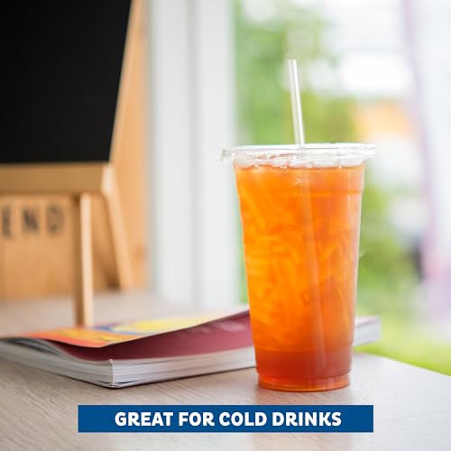 Image of Freshware Clear Plastic Cups with Flat Lids and Straws [100 Cups - 20 oz] Disposable Tumblers for Iced Coffee, Smoothie, Milkshake, Cold Drinks