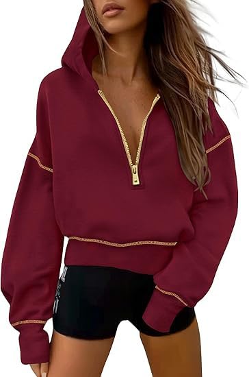Half Zip Cropped Hoodies Pullover Women Casual Long Sleeve Zipper Hooded Sweatshirts Color Block Cute Sweatshirt