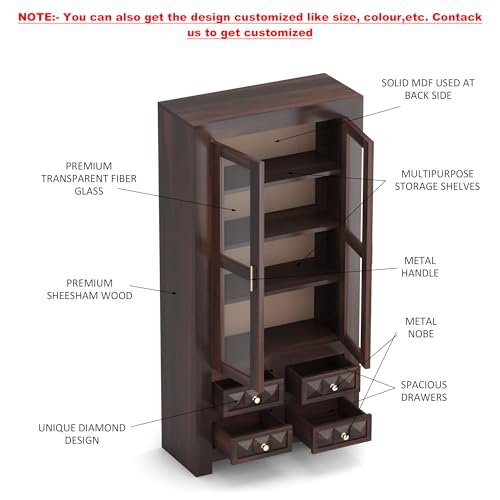 Image of Wood Books Shelf for Home Library | Book Shelf with Glass Door | Kitchen Crockery Cabinet Storag, Almirah, Study Room Furniture Book Rack, 4 Drawer, Walnut Finish