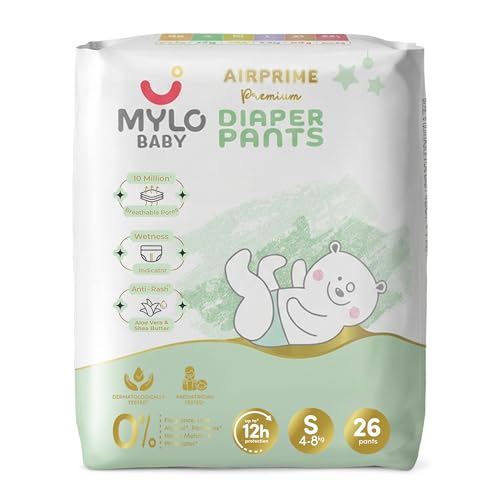 Image of Mylo Baby AirPrime Premium Diaper Pants Small (S) Size (4-8 kgs) (26 Count) Leak Proof | Ultra-Thin & Breathable | Up to 12 Hours Protection | No Rashes