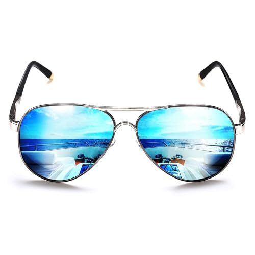 ROCKNIGHT Aviator Polarized Sunglasses for Men Women Metal Frame Flat Top Sunglasses Lightweight Blue Mirror Lens UV400 Outdoors