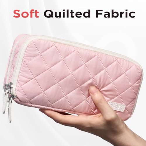 Image of Sooez Large Pencil Case Pouch, Extra Big Pencil Bag with 8 Compartments, Pen Bag Wide Opening, Soft Quilted Pencil Pouch Organizer with Zipper, Portable Pencil Case for Teen Girls, Rose Pink