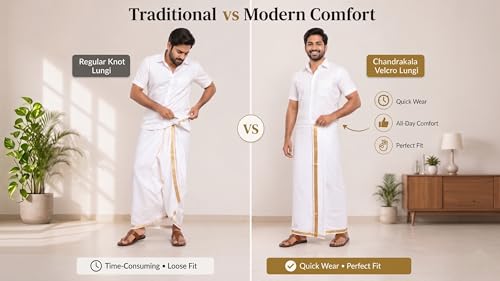 Image of Chandrakala South indian Velcro Lungi with pocket for Mens, White,Free Size (MK111WHI)