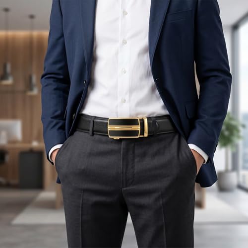 Image of JINIU Men's Ratchet Belt Buckle, Black Genuine Leather Slide Belt for Men Dress Suit, Micro Adjustable Trim to Fit Boxed