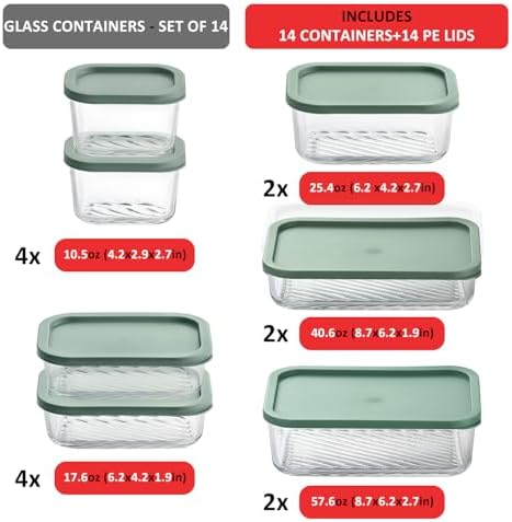 EATEX 14 Pack Glass Meal Prep Containers with Grooved Base, 14 Stackable BPA Free Glass Storage Containers with Lids for Lunch, Pantry, and Kitchen - Microwave, Dishwasher Freezer & Oven Safe - Sage - 1