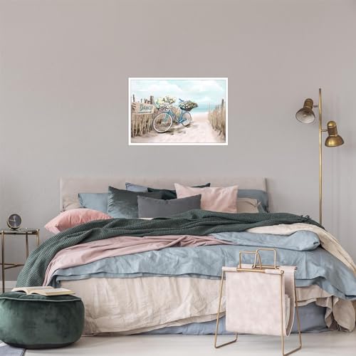 YNHQNGO Beach Canvas Wall Art for Bathroom Ocean Pictures Seaside Bicycle Canvas Print Seascape Painting Framed Teal Aqua Blue Calming Shoreside Artwork for Modern Coastal Themed Lake Home Bedroom - Image 5