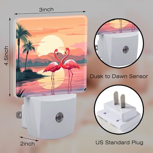 Image of Pink Flamingos at Sunset Night Light for Kids,Summer Beach Tropical Palm Tree Night Light Plug in with Dusk to Dawn Sensor,0.5w Energy Saving Nightlight for Hallway Stairway Kitchen Bedroom