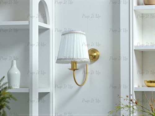 Image of Prop It Up Vintage Wall Sconce Light with White Fabric Shade for Home, Golden Antique Finish Wall lamp for Bedroom, E27 Holder, Metal Frame, Indoor Lighting, Bulb not Included