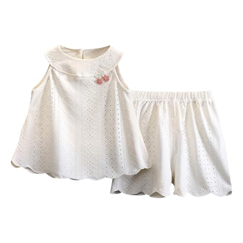 Girls Casual 2 Piece Sets Sleeveless Tunic Blouse and Shorts Breathable Eyelet Matching Loung𝐞 Set Ruffle Trim 𝐋oun𝐠ewear
