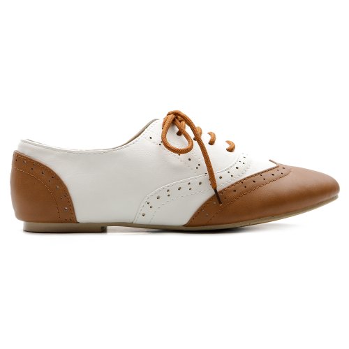 Ollio Women's Shoe Classic Lace Up Dress Low Flat Heel Oxford M1914(9 B(M) Us, Brown-White) #TOP1
