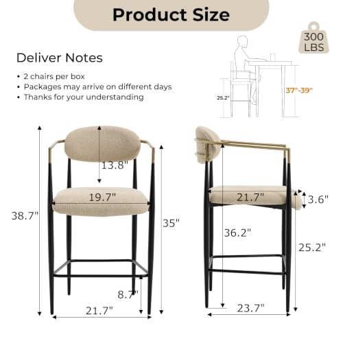 Butacos modernos para barra, 25'' con tapizado Boucle y brazos, sillas de isla estilo medio siglo con respaldo y patas de metal para cocina, comedor, cafetería, juego de 4, color caqui miniatura 2
