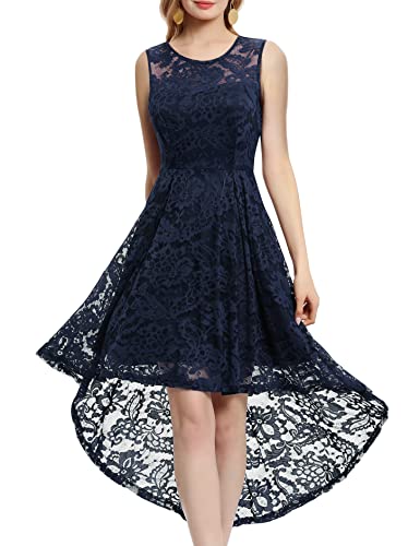 MUADRESS Vestido Cóctel Vintage A-línea Hi-Lo Elegante Mujer Flor Encaje Vestidos De Fiesta Marino M