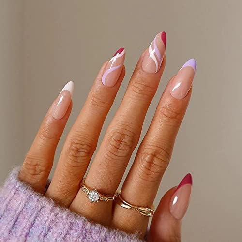JUSTOTRY 24 Pcs Iridescent Oval False Nails Short, Multi Colour French Press on Nails Pattern, Fake Nails Short with Nail Glue, Almond Stick on Nails for Women, Rainbow Nails Fake Nail for Nails Art