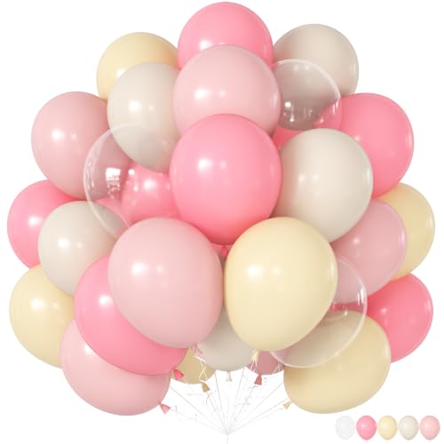 Image of Pink and Yellow Balloons, 12 Inch Pastel Balloon for Bridal Baby Shower | Baby Light Pink Yellow Ivory Clear Transparent Balloons Helium Latex Balloon for Wedding Anniversary Bee Bear Themed Party