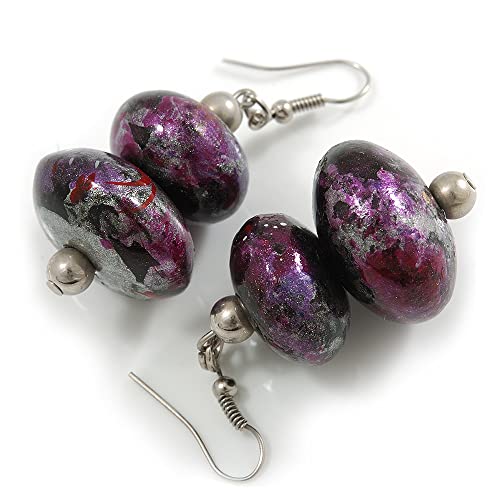 Boucles d'oreilles pendantes double perle en bois Violet/noir/argenté/rouge 55 mm, Bois