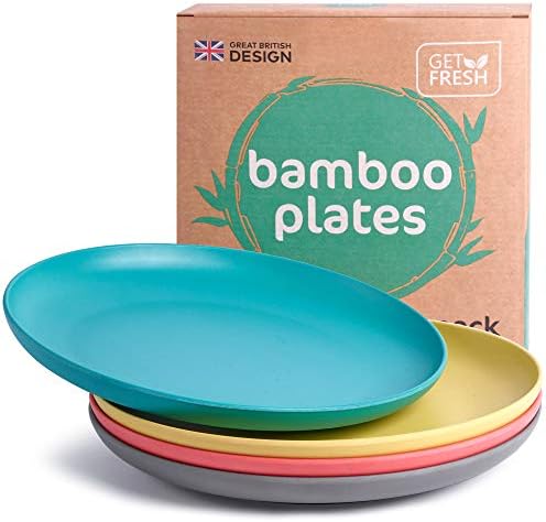 GET FRESH Bamboo Kids Plates Set – 4-pack Reusable Bamboo Dinner Plates for Kids and Toddlers – Colorful Bamboo Fiber Childrens Dinnerware Set – Kids Bamboo Tableware Plates for Everyday Use