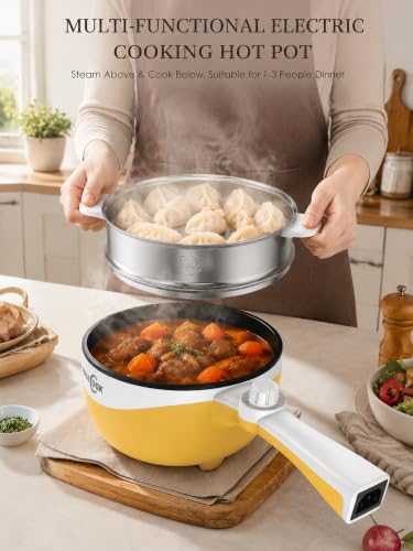 Image of Audecook Electric Hot Pot Mini Electric Skillet Adjustable Power Nonstick | Portable Cooking Pot Multi Ramen Cooker for Noodles, Soup, Steak, Eggs, Oatmeal, Home, Office, Dorm Room, and Travel