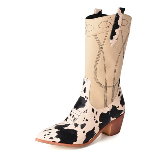 Bottes hautes imprimées couleur lait à talon bloc 6 cm pour femme