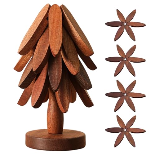 Untersetzer Holz, Topfuntersetzer Set in Walnuss, 4 Stück mit Ständer, Baum Design, für Tisch und Küche, Schutz vor Hitze und Kratzern