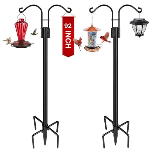 Double Shepherds Hooks for Outdoor, 2-Pack Heavy Duty Two Sided Garden Pole for Hanging Bird Feeder, Plant Baskets, Solar Light Lanterns, Garden Plant Hanger Stands with 5 Base Prongs(92 inch)