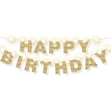 Happy Birthday Letters Banner Gold Happy Birthday Garland Decoration and 9.8 Feet Copper Wire Lights