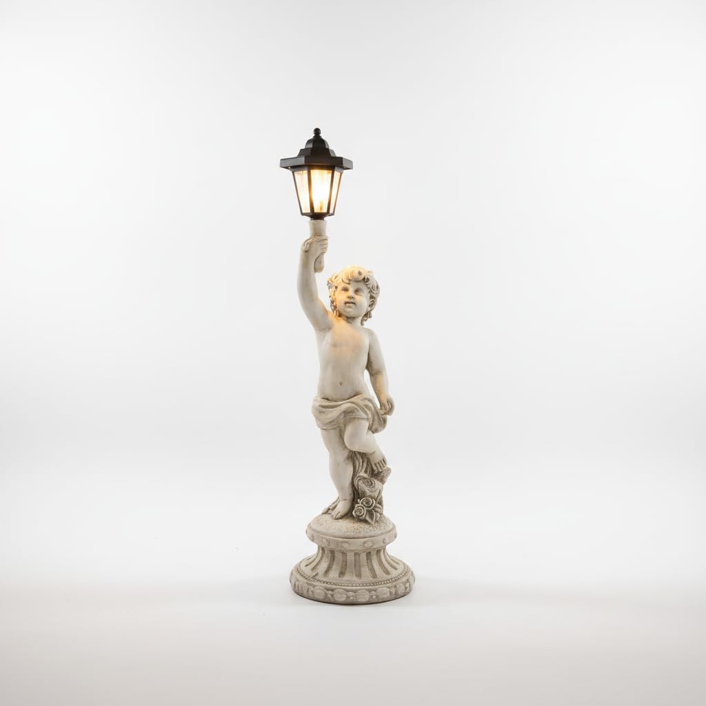 Fontana Solare da Giardino Esterno con Luci, Abbeveratoio e Mangiatoia per Uccelli, Decorativa per Giardino, Statua di angelo con lanterna - Sinistra