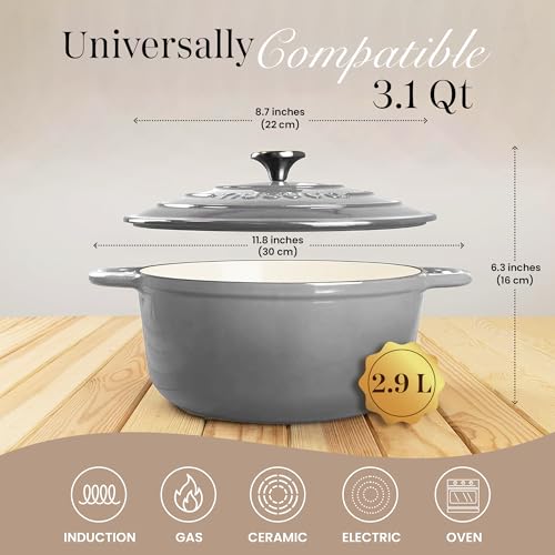Image of Cast Iron Dutch Oven with Lid - Non-Stick Ovenproof Enamelled Casserole Pot - Sturdy Dutch Oven Cookware - Grey, 3.1- Quart, 22cm- by Nuovva