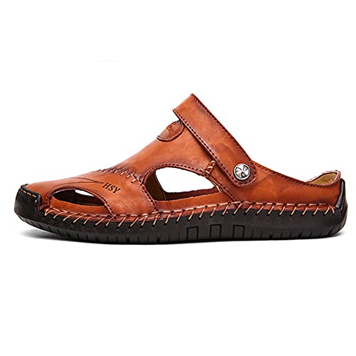 Sandals for Men Closed Toe Leather Sandals Beach Casual Outdoor Hiking Fisherman Sandals Shoes Wide Width Waterproof Anti-Slip Slippers Sandals (Red Brown)2