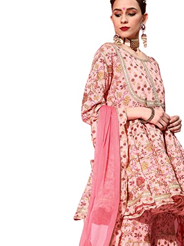 Image of ishin Women's Cotton Peach Embroidered Anarkali Peplum Kurta set With Sharara And Dupatta