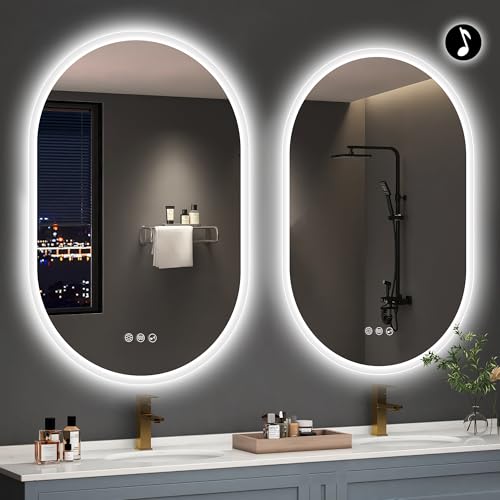 S'bagno 2pcs 24x36 Oval LED Bathroom Mirror with Lights, Anti-Fog, Bluetooth Speaker, 3 Colors Temperature & Dimmable, Lighted Mirrors for Bathroom Wa