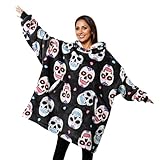 Sugar Skull Gifts for Women, Day of the Dead Gifts, Wearable Blanket Hoodies for Adults, Oversized Flannel Hooded Blanket, Gifts for Birthday, Christmas, and so on, One Size Fits All