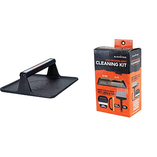 Blackstone XL Griddle Press, 5436, Black & 5060 Grill & Griddle Kit 8 Pieces Premium Flat Top Grill Accessories Cleaner Tool Set, Black