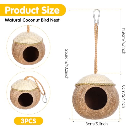 Image of 3 Pcs Natural Coconut Bird Hide Nest Hut for Cage with Woven Straw Bird Parakeet Coconut Fiber Hanging Birdhouse Cage Habitats Decor for Parrot Cockatiel Lovebird Finch Squirrel Hamster