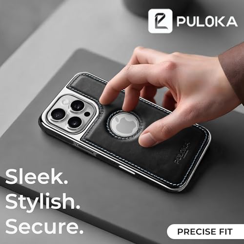 Image of PULOKA Chrome Leather Back Case - Compatible with iPhone 16 Pro- Luxury Bumper Case - Flexible Vegan Leather - Electroplated Sides & Logocut - Full Camera Protetection & Raised Edges - Black
